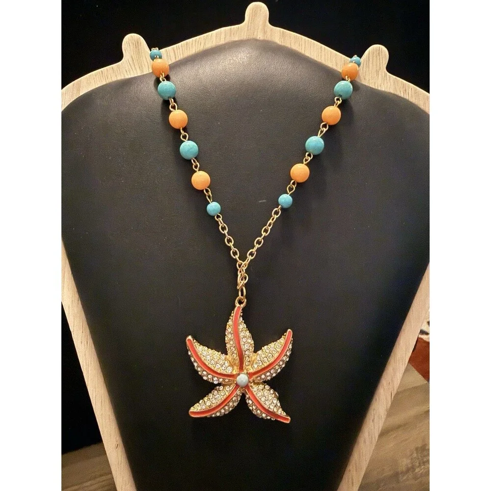 Starfish Enamel Pendant Rhinestone and Beaded Necklace Salmon 35”